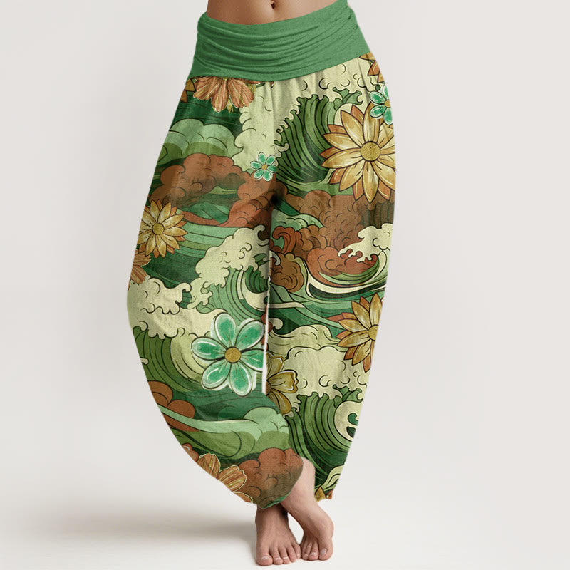 Buddha Stones Colorful Ocean Wave Various Flower Pattern Women's Elastic Waist Harem Pants - Green - US22,UK/AU26,EU54 (6XL) - image 5