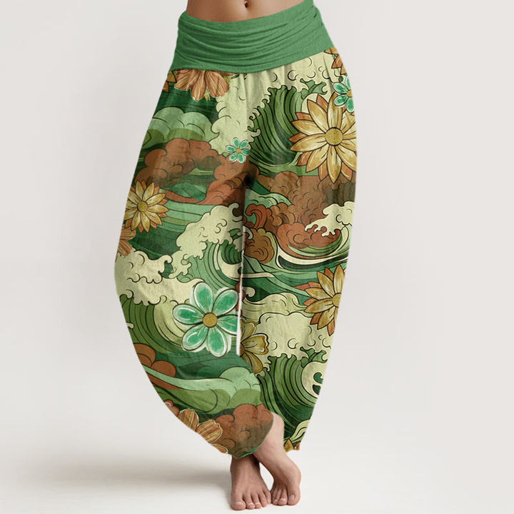 Buddha Stones Colorful Ocean Wave Various Flower Pattern Women's Elastic Waist Harem Pants - Green - US22,UK/AU26,EU54 (6XL) - image 5