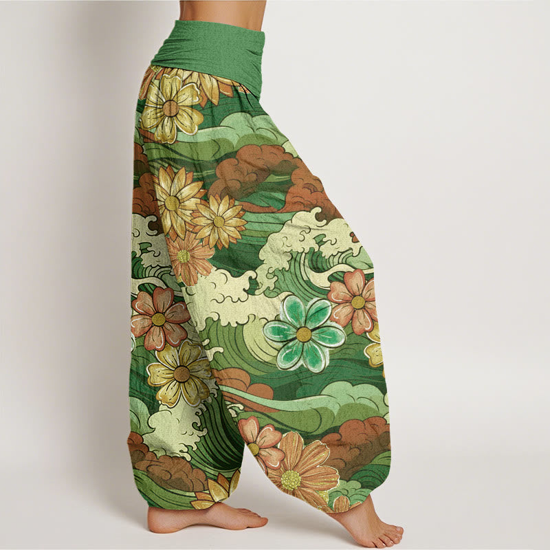 Buddha Stones Colorful Ocean Wave Various Flower Pattern Women's Elastic Waist Harem Pants - image 7