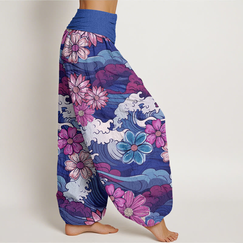 Buddha Stones Colorful Ocean Wave Various Flower Pattern Women's Elastic Waist Harem Pants - image 10