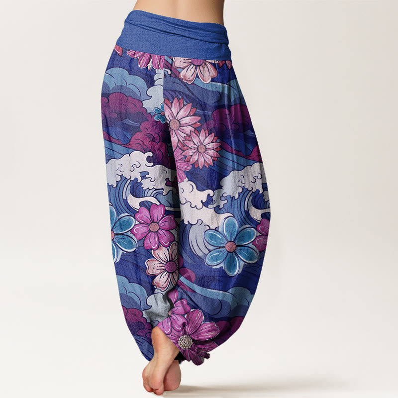 Buddha Stones Colorful Ocean Wave Various Flower Pattern Women's Elastic Waist Harem Pants - image 9