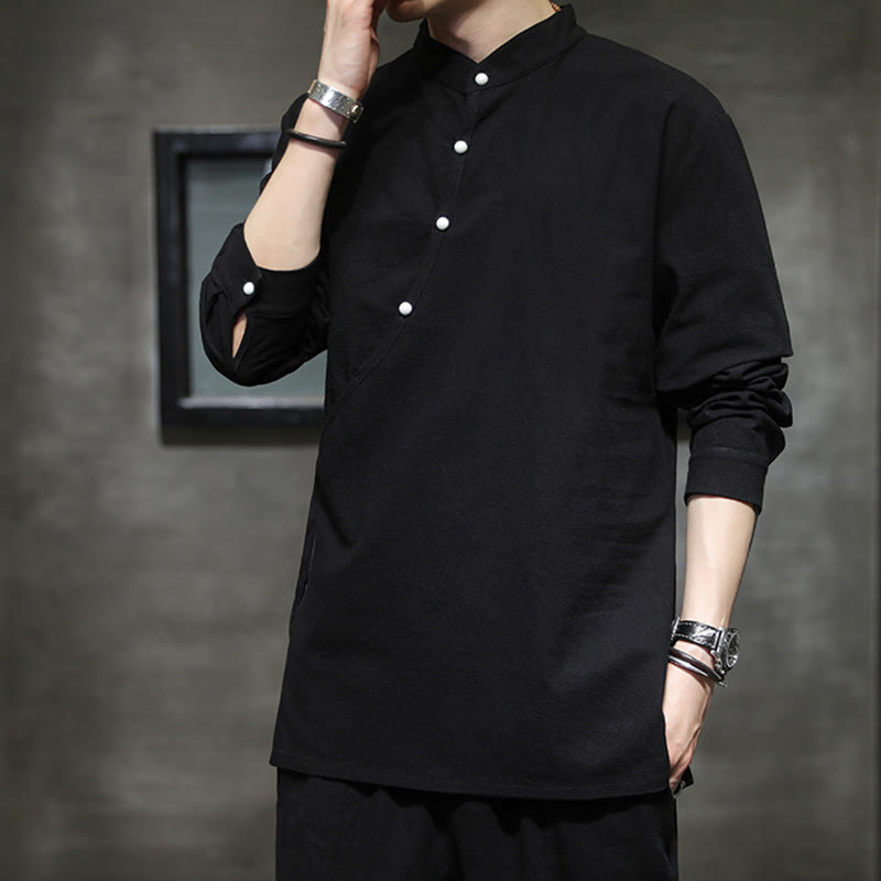 Buddha Stones Plain Lace-Up Simple Button Design Men's Long Sleeve Cotton Linen Shirt Clothing - image 6