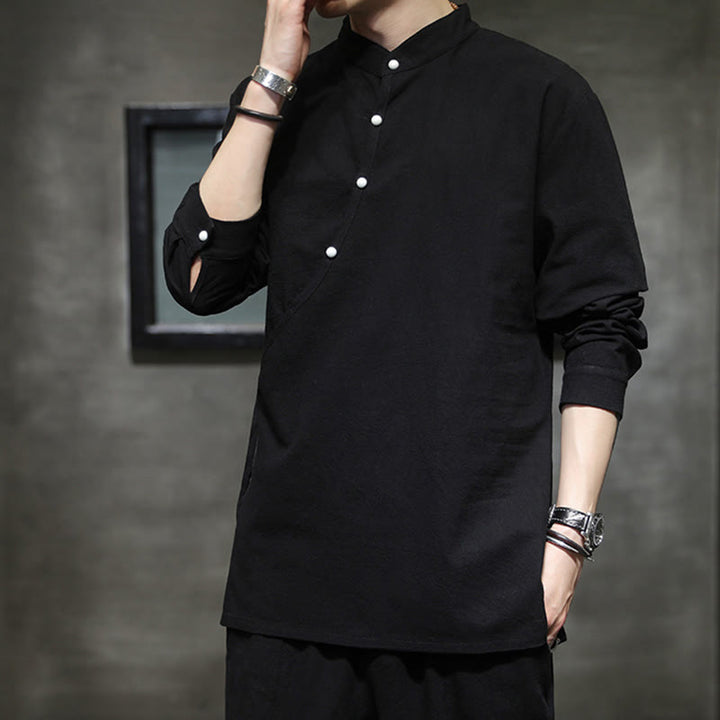 Buddha Stones Plain Lace-Up Simple Button Design Men's Long Sleeve Cotton Linen Shirt Clothing - image 6