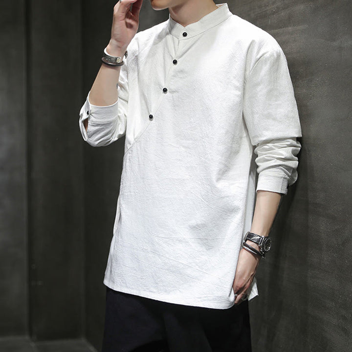 Buddha Stones Plain Lace-Up Simple Button Design Men's Long Sleeve Cotton Linen Shirt Clothing - image 18
