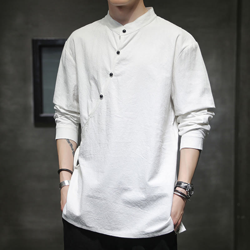 Buddha Stones Plain Lace-Up Simple Button Design Men's Long Sleeve Cotton Linen Shirt Clothing - image 17