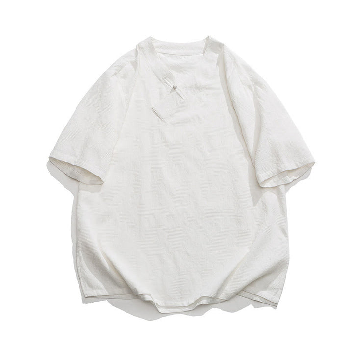 Buddha Stones Ethnic Distressed Jacquard Frog-Button Men's Stand Collar Half Sleeve Cotton Linen Shirt Tai Chi Clothes