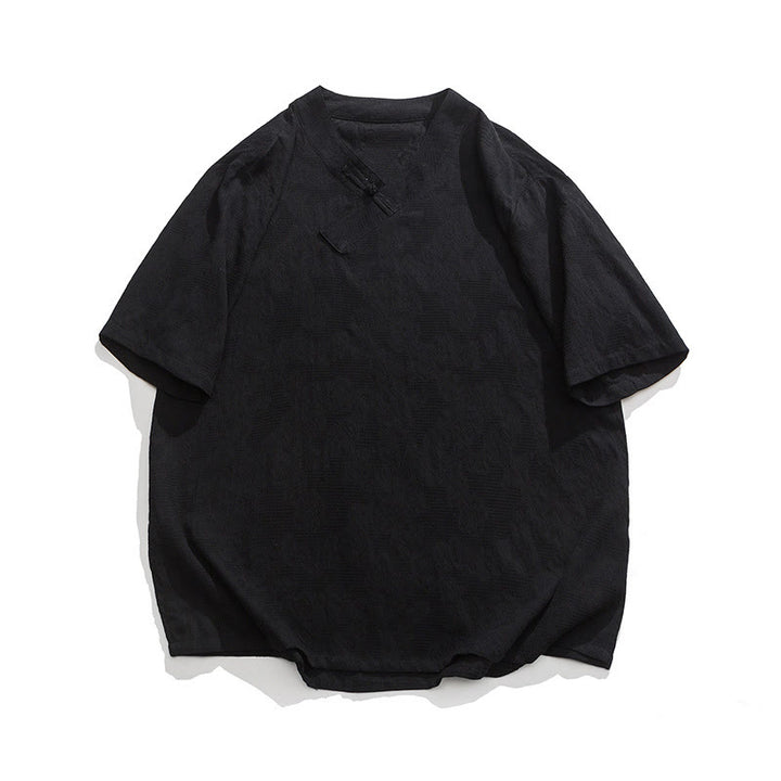 Buddha Stones Ethnic Distressed Jacquard Frog-Button Men's Stand Collar Half Sleeve Cotton Linen Shirt Tai Chi Clothes