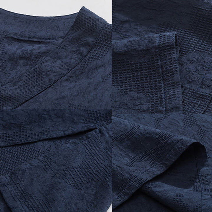 Buddha Stones Ethnic Distressed Jacquard Frog-Button Men's Stand Collar Half Sleeve Cotton Linen Shirt Tai Chi Clothes