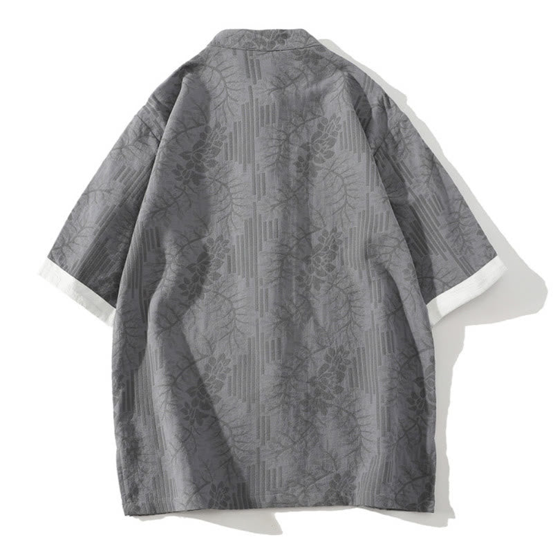 Buddha Stones Casual Summer Jacquard Floral Pattern Frog-Button Men's Stand Collar Contrasting Color Half Sleeve Cotton Cardigan Shirt