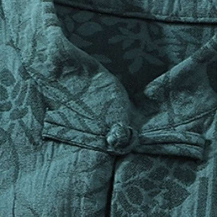 Buddha Stones Casual Summer Jacquard Floral Pattern Frog-Button Men's Stand Collar Contrasting Color Half Sleeve Cotton Cardigan Shirt