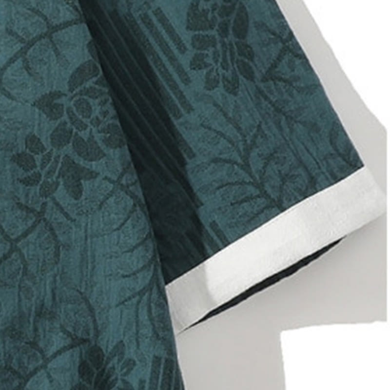 Buddha Stones Casual Summer Jacquard Floral Pattern Frog-Button Men's Stand Collar Contrasting Color Half Sleeve Cotton Cardigan Shirt