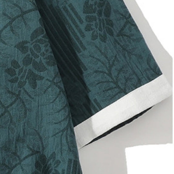 Buddha Stones Casual Summer Jacquard Floral Pattern Frog-Button Men's Stand Collar Contrasting Color Half Sleeve Cotton Cardigan Shirt