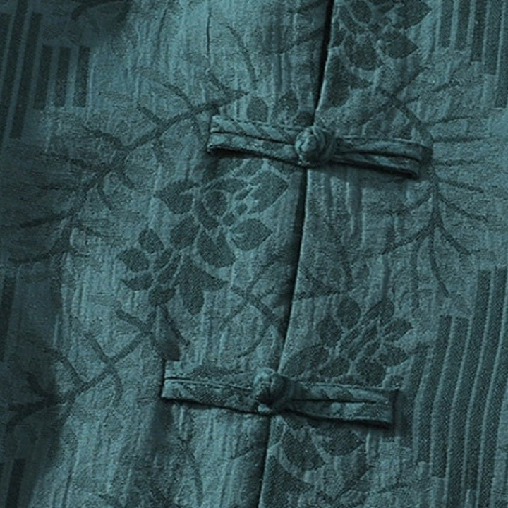 Buddha Stones Casual Summer Jacquard Floral Pattern Frog-Button Men's Stand Collar Contrasting Color Half Sleeve Cotton Cardigan Shirt