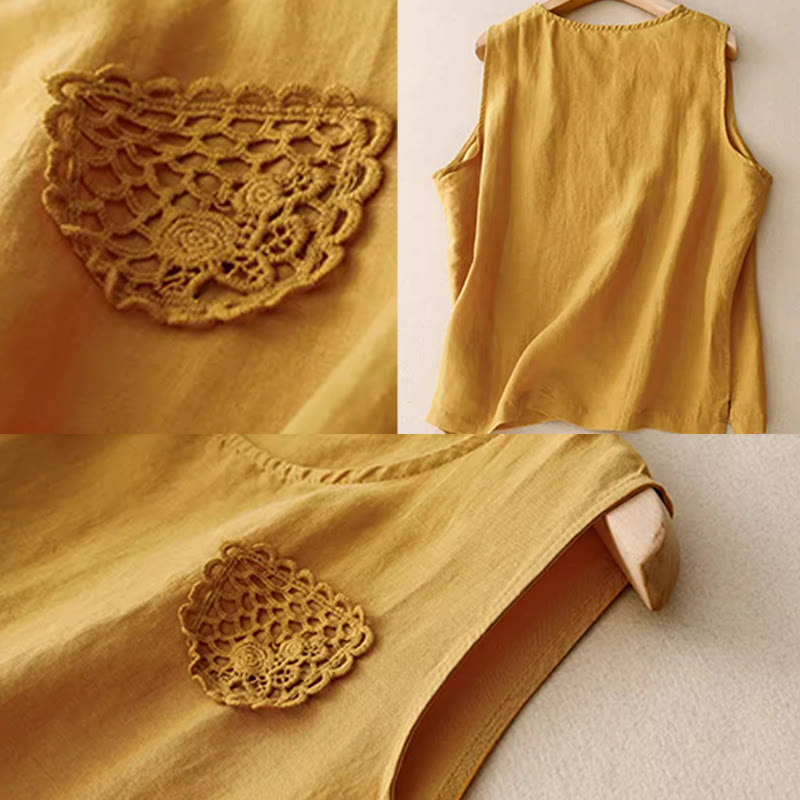 Buddha Stones Casual Pure Color Embroidery Patchwork Design Sleeveless Crew Neck Women's Cotton Linen Vest - image 6