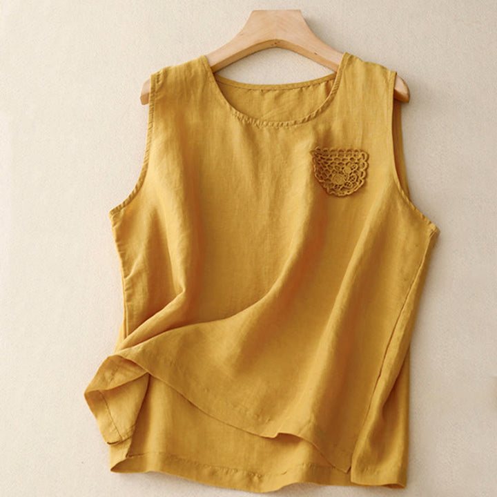 Buddha Stones Casual Pure Color Embroidery Patchwork Design Sleeveless Crew Neck Women's Cotton Linen Vest - Gold - US12,UK/AU16,EU44 (3XL) - image 0