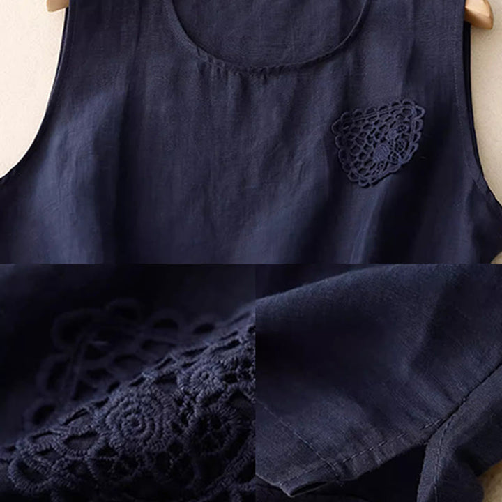 Buddha Stones Casual Pure Color Embroidery Patchwork Design Sleeveless Crew Neck Women's Cotton Linen Vest - image 10