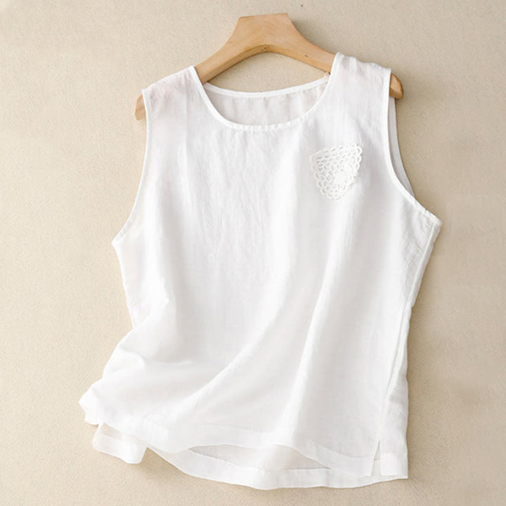 Buddha Stones Casual Pure Color Embroidery Patchwork Design Sleeveless Crew Neck Women's Cotton Linen Vest - White - US12,UK/AU16,EU44 (3XL) - image 19