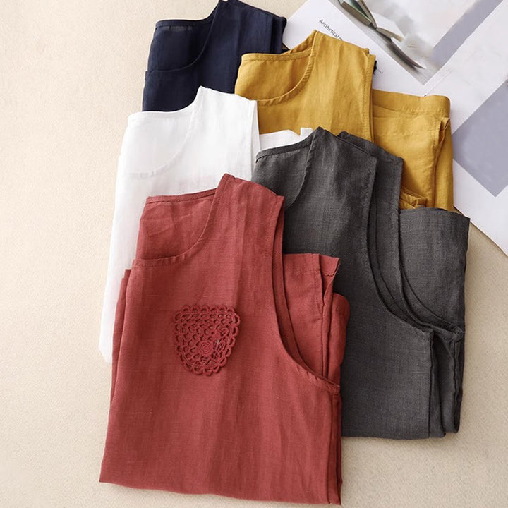 Buddha Stones Casual Pure Color Embroidery Patchwork Design Sleeveless Crew Neck Women's Cotton Linen Vest - image 25