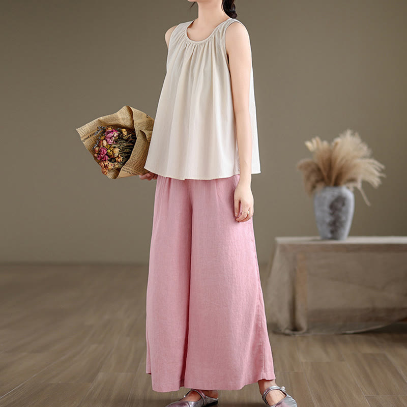 Buddha Stones Summer Artistic Solid Color Pleated Crew Neck Design Women's Cotton Linen  Vest - image 20