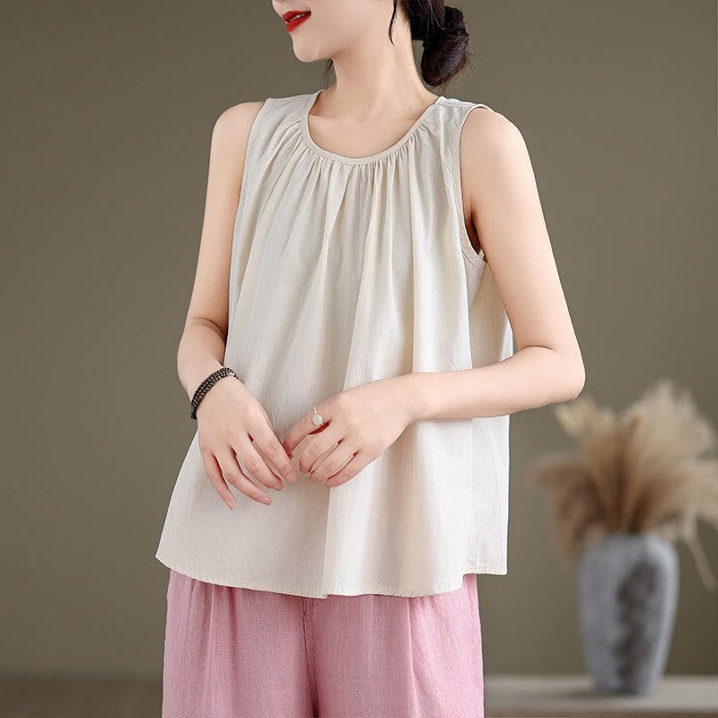 Buddha Stones Summer Artistic Solid Color Pleated Crew Neck Design Women's Cotton Linen  Vest - Beige - US12,UK/AU16,EU44 (2XL) - image 15