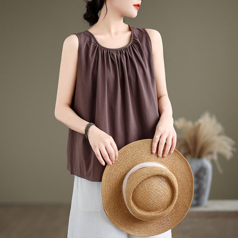 Buddha Stones Summer Artistic Solid Color Pleated Crew Neck Design Women's Cotton Linen  Vest - SaddleBrown - US12,UK/AU16,EU44 (2XL) - image 0