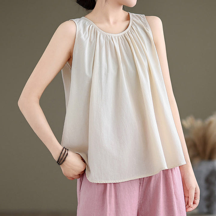 Buddha Stones Summer Artistic Solid Color Pleated Crew Neck Design Women's Cotton Linen  Vest - image 19