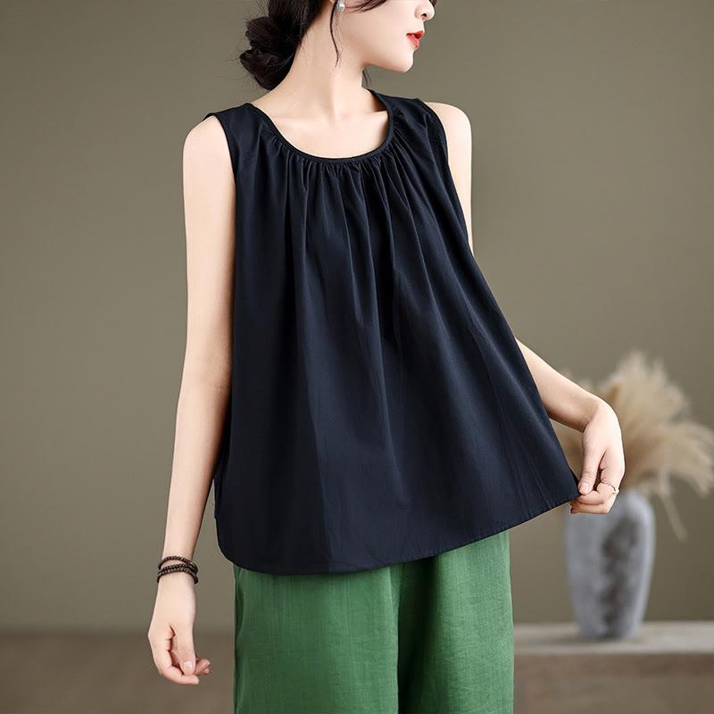 Buddha Stones Summer Artistic Solid Color Pleated Crew Neck Design Women's Cotton Linen  Vest - Black - US12,UK/AU16,EU44 (2XL) - image 10