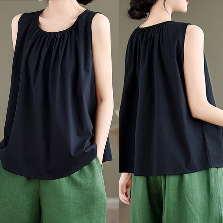 Buddha Stones Summer Artistic Solid Color Pleated Crew Neck Design Women's Cotton Linen  Vest - image 14