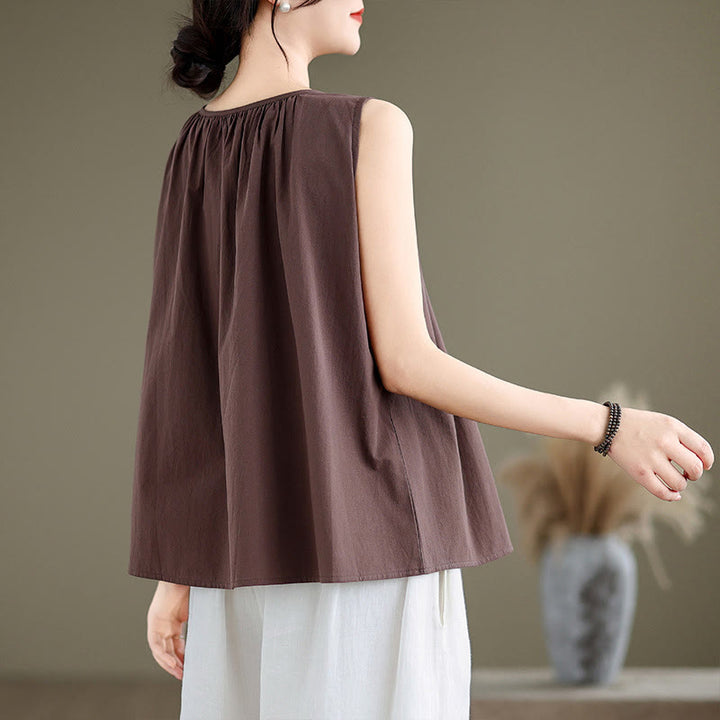 Buddha Stones Summer Artistic Solid Color Pleated Crew Neck Design Women's Cotton Linen  Vest - image 3