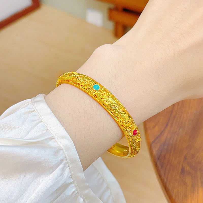 Buddha Stones Copper Plated Gold Flowers Leaves Luck Bracelet Bangle - image 5