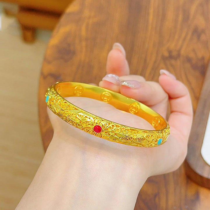 Buddha Stones Copper Plated Gold Flowers Leaves Luck Bracelet Bangle - image 15