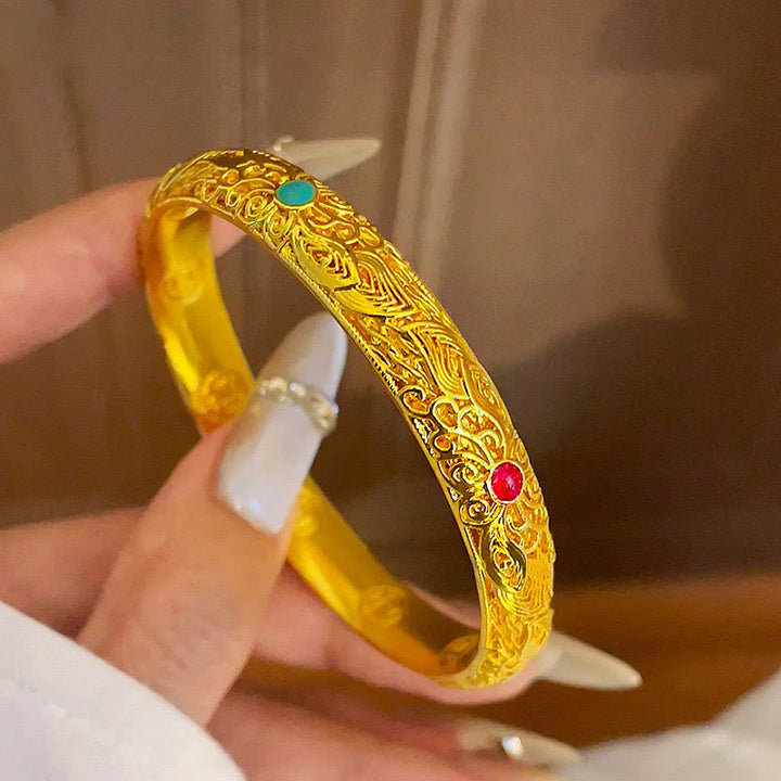 Buddha Stones Copper Plated Gold Flowers Leaves Luck Bracelet Bangle - image 17