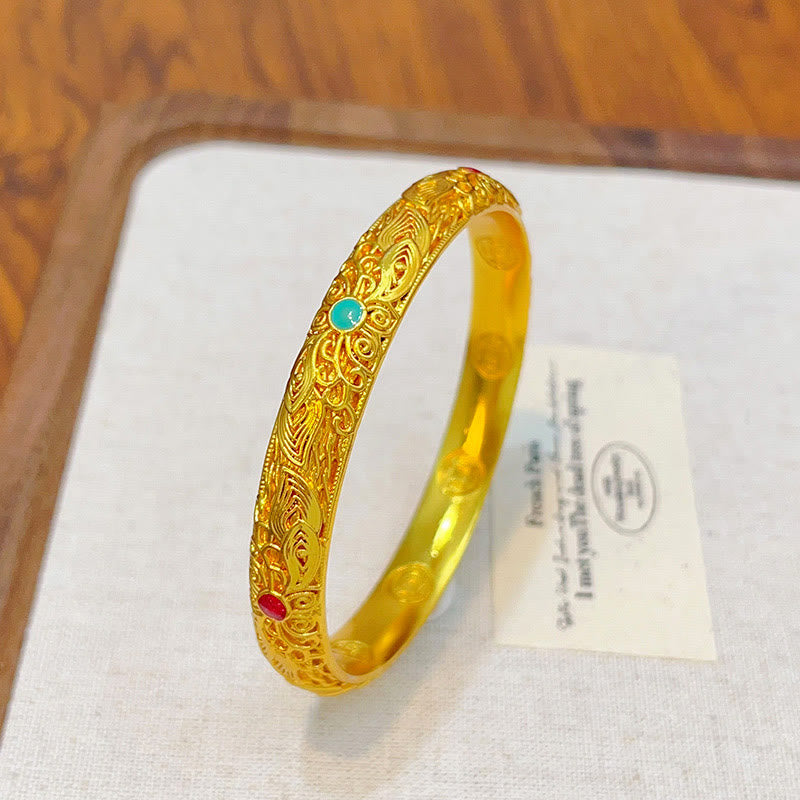 Buddha Stones Copper Plated Gold Flowers Leaves Luck Bracelet Bangle - 64 mm - image 1