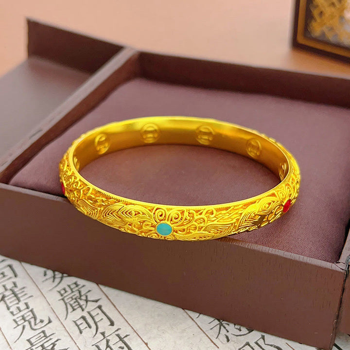 Buddha Stones Copper Plated Gold Flowers Leaves Luck Bracelet Bangle - image 19