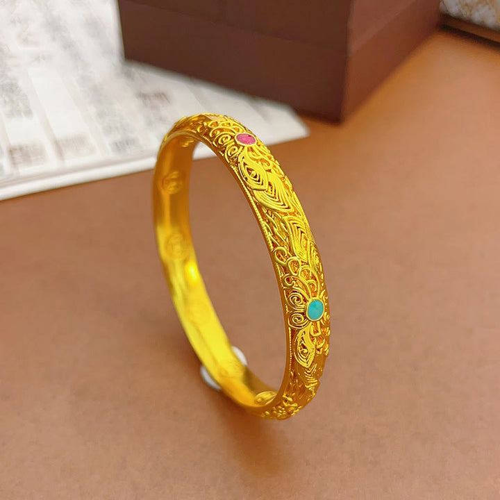 Buddha Stones Copper Plated Gold Flowers Leaves Luck Bracelet Bangle - image 18