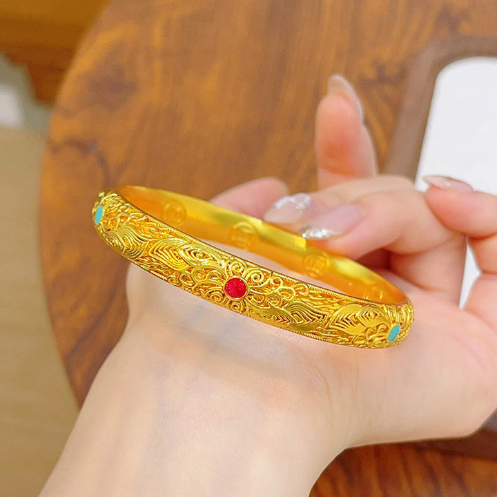 Buddha Stones Copper Plated Gold Flowers Leaves Luck Bracelet Bangle - image 13