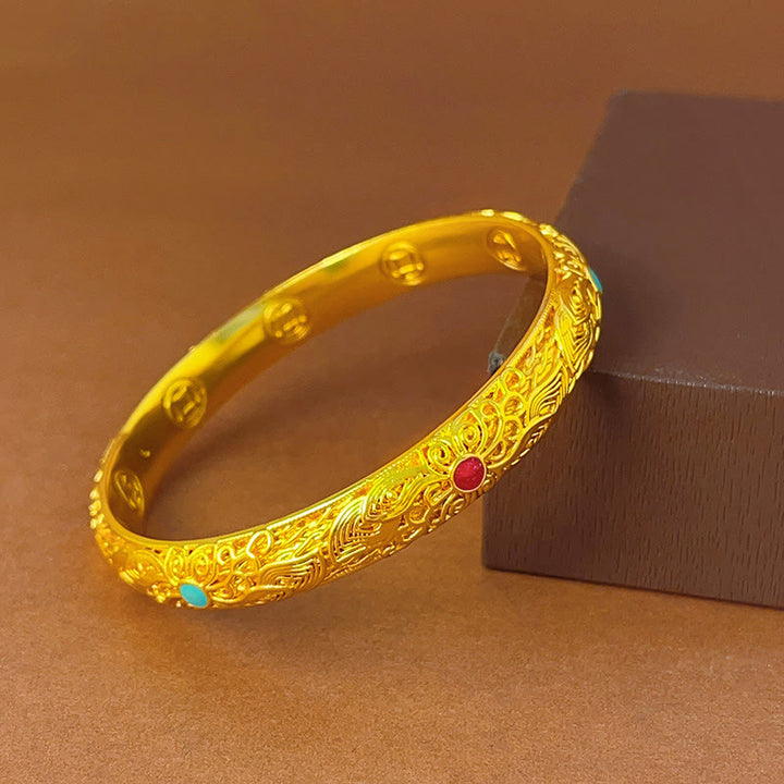 Buddha Stones Copper Plated Gold Flowers Leaves Luck Bracelet Bangle - image 20