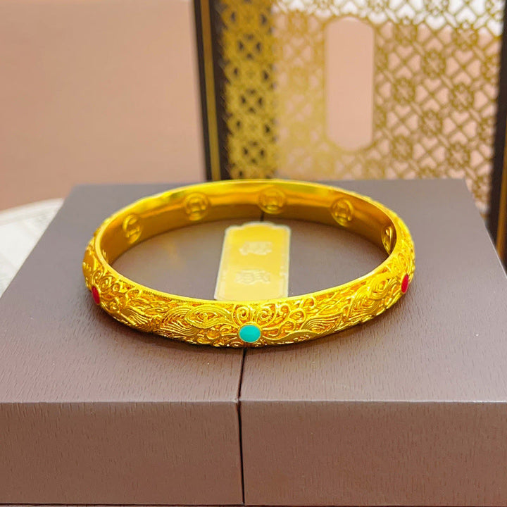 Buddha Stones Copper Plated Gold Flowers Leaves Luck Bracelet Bangle - image 8