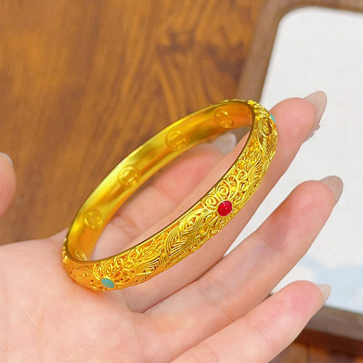 Buddha Stones Copper Plated Gold Flowers Leaves Luck Bracelet Bangle - image 16