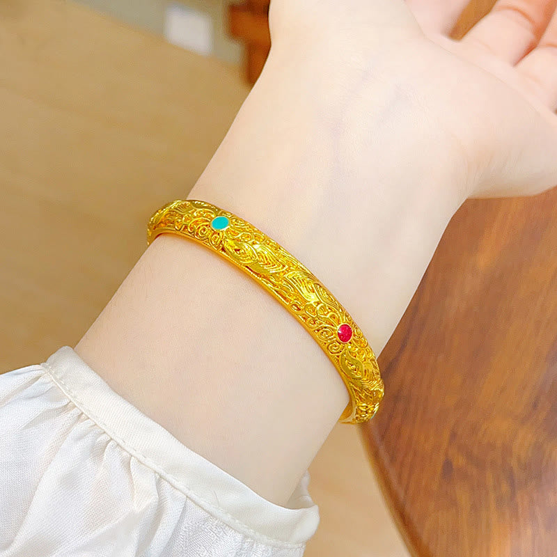 Buddha Stones Copper Plated Gold Flowers Leaves Luck Bracelet Bangle - image 11