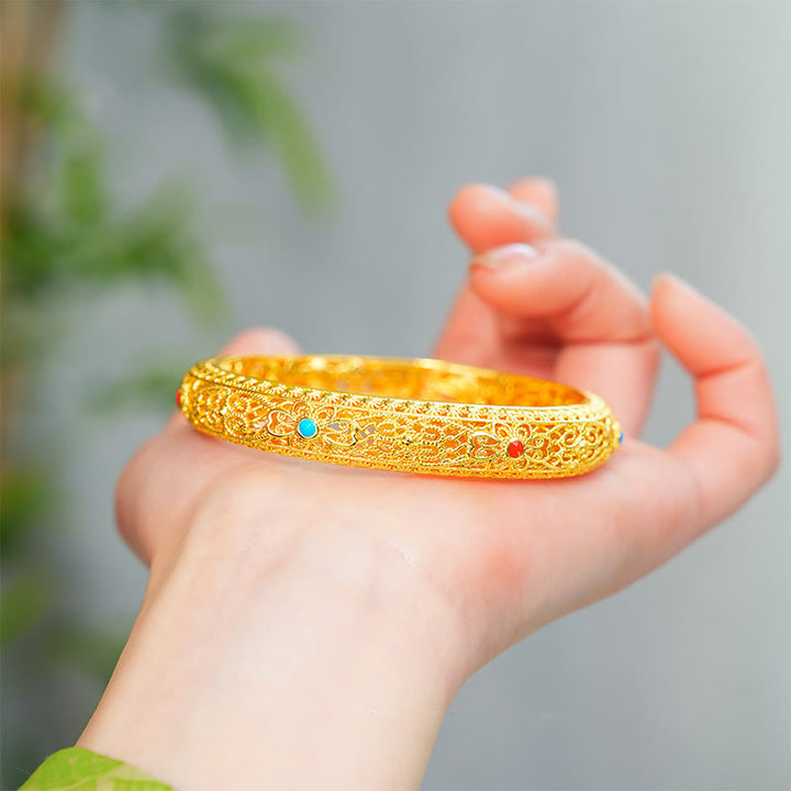 Buddha Stones Copper Plated Gold Flowers Vine Pattern Luck Bracelet Bangle 2.44 IN (62 MM) - image 3