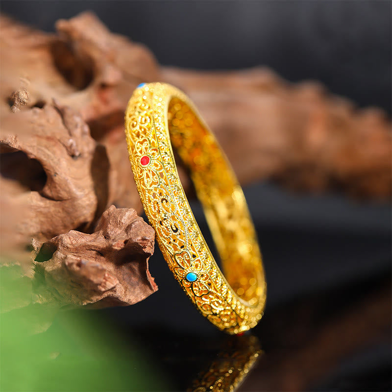 Buddha Stones Copper Plated Gold Flowers Vine Pattern Luck Bracelet Bangle 2.44 IN (62 MM) - image 2