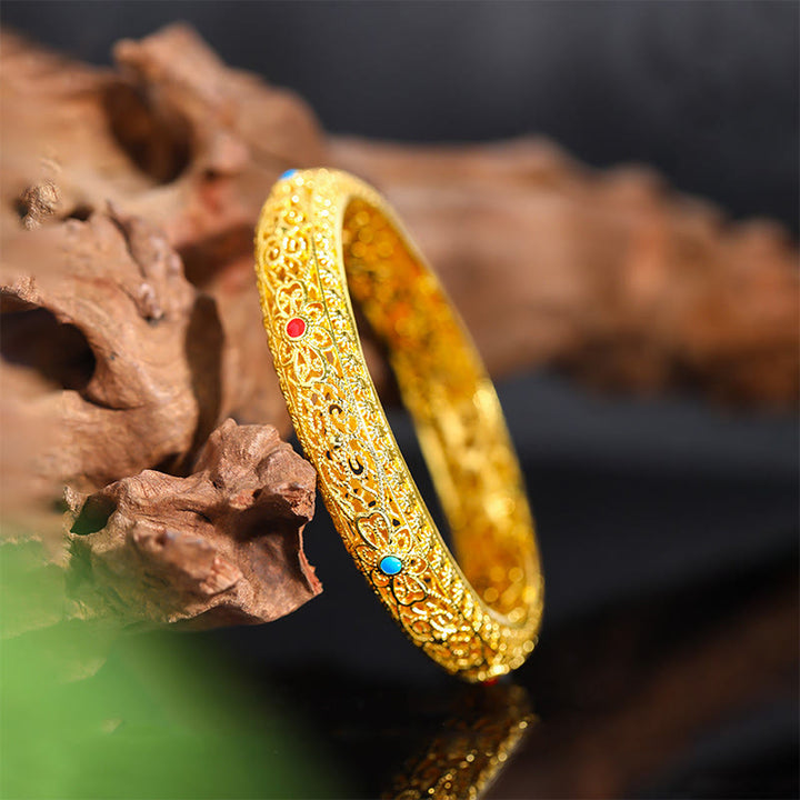 Buddha Stones Copper Plated Gold Flowers Vine Pattern Luck Bracelet Bangle 2.44 IN (62 MM) - image 2