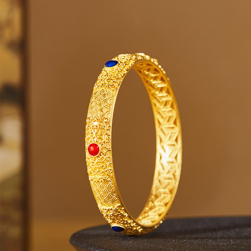 Buddha Stones 925 Sterling Silver Golden Auspicious Clouds Hollow Design Protection Bracelet Bangle 2.20 IN (56 MM) - image 2