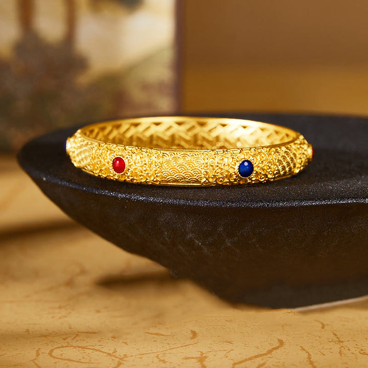 Buddha Stones 925 Sterling Silver Golden Auspicious Clouds Hollow Design Protection Bracelet Bangle 2.20 IN (56 MM) - 56 mm - image 1