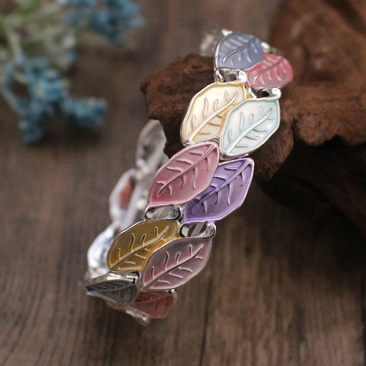 Buddha Stones Colorful Leaves Alloy Luck Elastic Bracelet Bangle - image 4