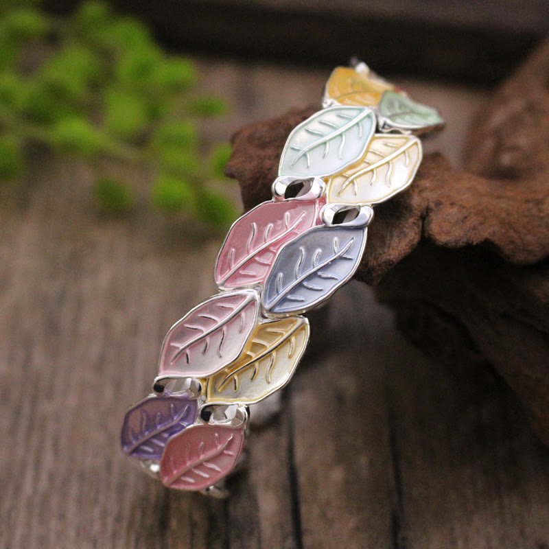 Buddha Stones Colorful Leaves Alloy Luck Elastic Bracelet Bangle - 57mm - image 1