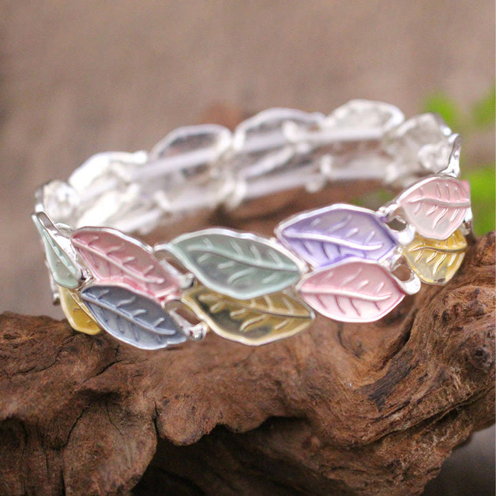 Buddha Stones Colorful Leaves Alloy Luck Elastic Bracelet Bangle - image 2