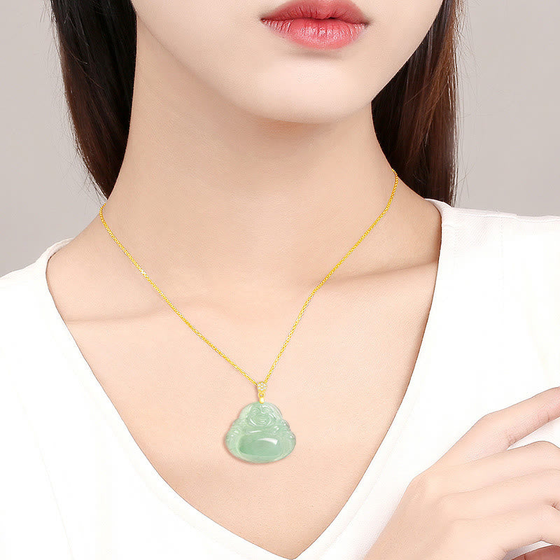 Buddha Stones 925 Sterling Silver Natural Jade Laughing Buddha Luck Prosperity Chain Necklace Pendant - image 12