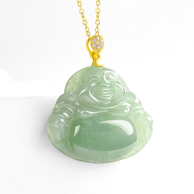 Buddha Stones 925 Sterling Silver Natural Jade Laughing Buddha Luck Prosperity Chain Necklace Pendant - image 3